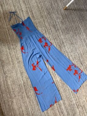 Tory Burch Poppy Acoma Smocked Halter Jumpsuit | Blue Deep Orange Floral WideLeg